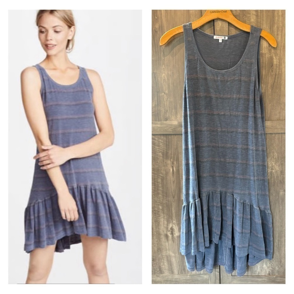 Sundry Small Ruffle High Low Tank Dress Blue Stripes